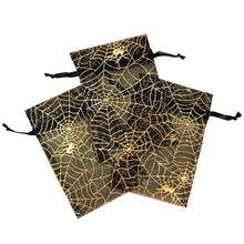 Load image into Gallery viewer, 10 Pack | 4&quot;x6&quot; Black Gold Spider Web Organza Favor Bags Party Drawstring Pouches