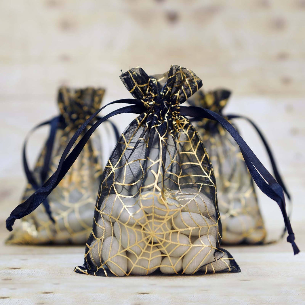 10 Pack | 4"x6" Black Gold Spider Web Organza Favor Bags Party Drawstring Pouches