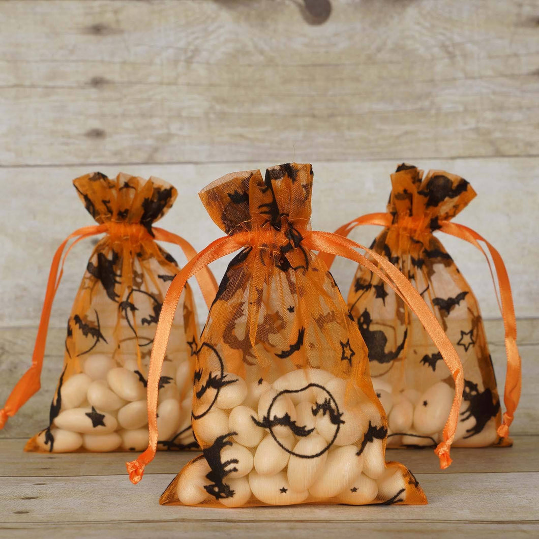 10 Pack | 4"x6" Orange Black Bat Organza Favor Bags Party Drawstring Pouches