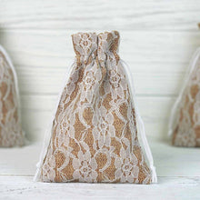 Load image into Gallery viewer, 10 Pack 4X6&quot; Rustic Burlap and Floral Lace Drawstring Favor Bags