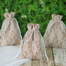 Load image into Gallery viewer, 10 Pack 4X6&quot; Rustic Burlap and Floral Lace Drawstring Favor Bags