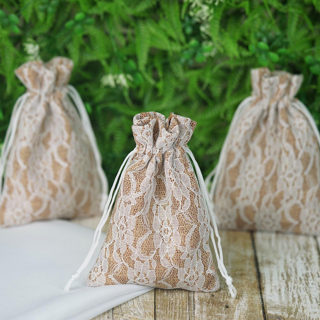10 Pack 4X6" Rustic Burlap and Floral Lace Drawstring Favor Bags