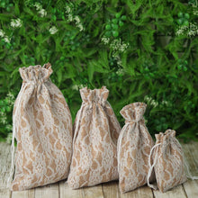Load image into Gallery viewer, 10 Pack 4X6&quot; Rustic Burlap and Floral Lace Drawstring Favor Bags