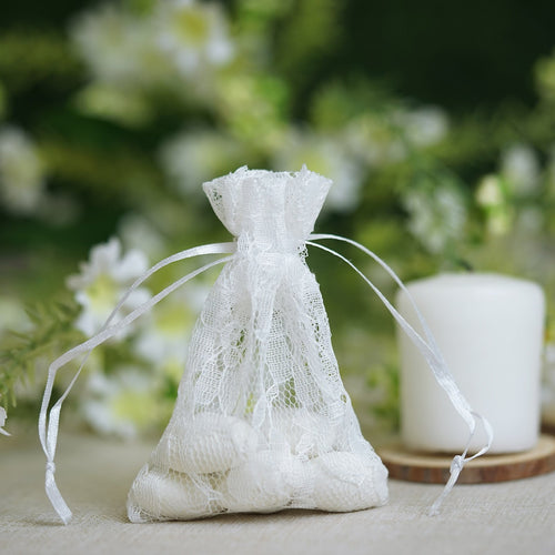 10 Pack 3x4" White Floral Lace Drawstring Favor Bags