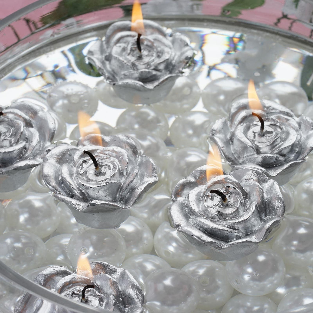 12 Pack | 1" Silver Mini Rose Flower Floating Candles