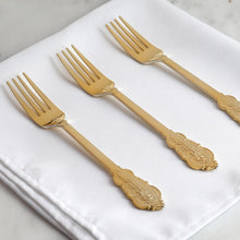 Load image into Gallery viewer, 24 Pack | 8&quot; Metallic Gold Baroque Disposable Cutlery Plastic Forks