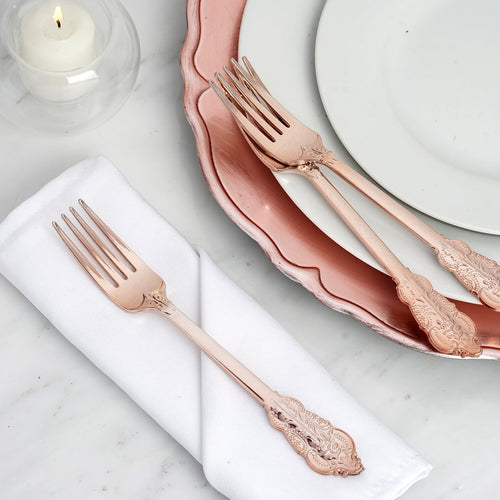 24 Pack | 8" Metallic Rose Gold Baroque Disposable Cutlery Plastic Forks