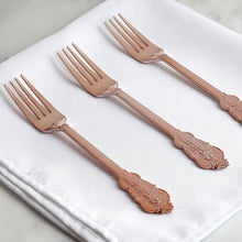 Load image into Gallery viewer, 24 Pack | 8&quot; Metallic Rose Gold Baroque Disposable Cutlery Plastic Forks