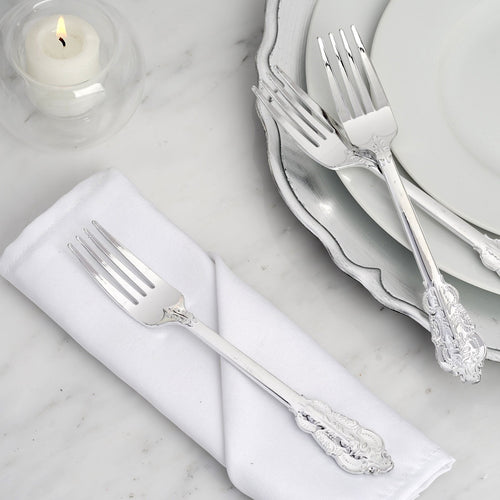 24 Pack | 8" Metallic Silver Baroque Disposable Cutlery Plastic Forks