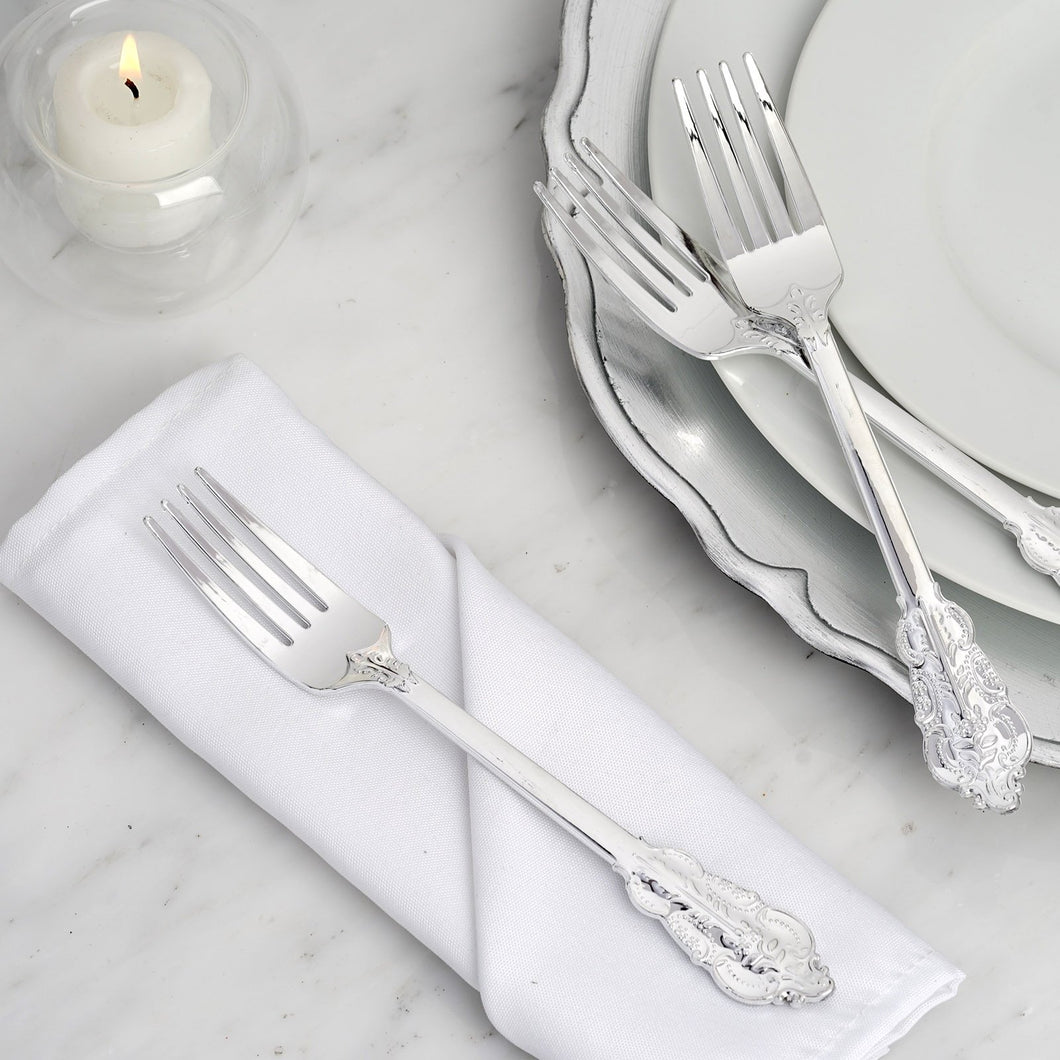 24 Pack | 8" Metallic Silver Baroque Disposable Cutlery Plastic Forks