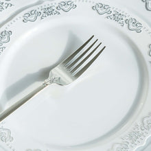 Load image into Gallery viewer, 24 Pack | 8&quot; Metallic Silver Baroque Disposable Cutlery Plastic Forks