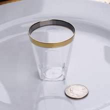 Load image into Gallery viewer, 12 Pack 2oz Gold Rimmed Plastic Disposable Shot Glasses