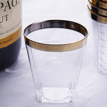 Load image into Gallery viewer, 12 Pack 2oz Gold Rimmed Plastic Disposable Shot Glasses