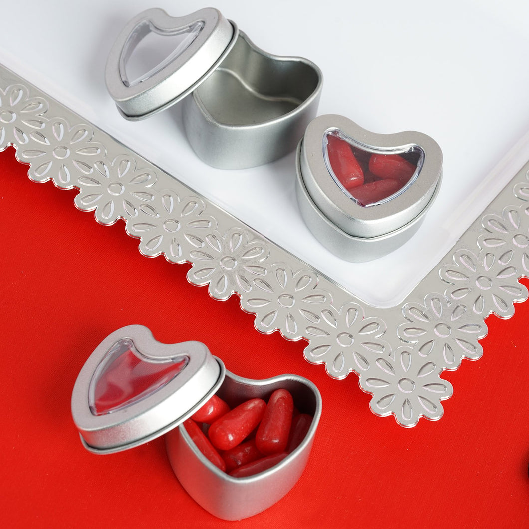 10 Pack Silver Heart Favor Tins With Clear Lid